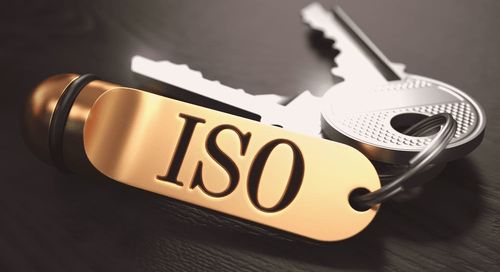 ISO - International Organization for Standardization - Concept. Keys with Golden Keyring on Black Wooden Table. Closeup View, Selective Focus, 3D Render. Toned Image.